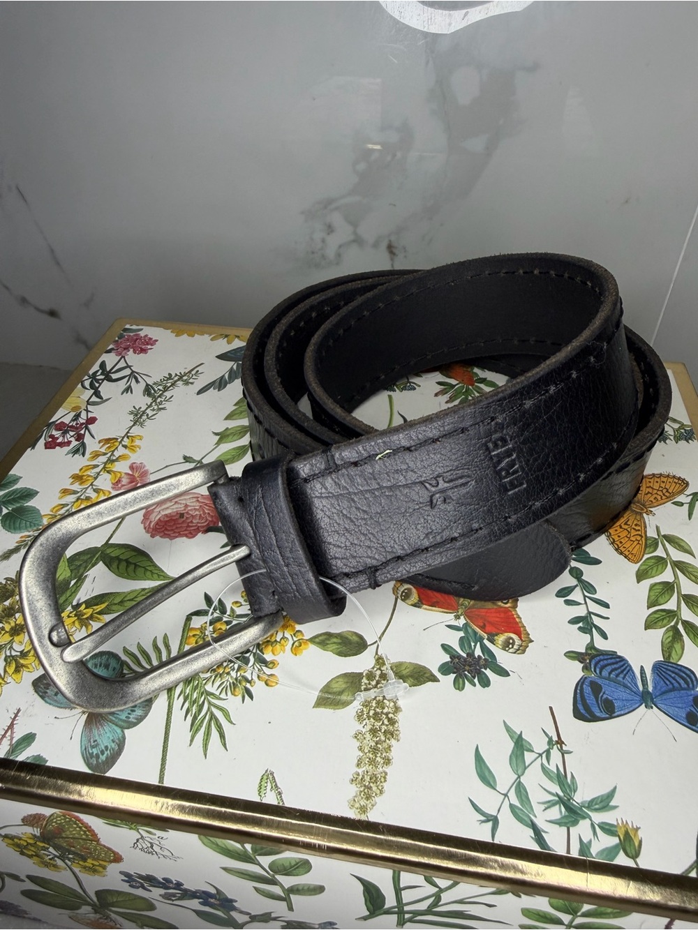 FRYE AND CO. Black Leather Men's Belt with Brushed Metal Buckle size 40 - Picture 2 of 5